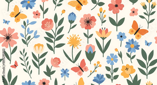 Seamless butterfly and flower wallpaper pattern, modern flat vector nature illustration perfect for spring and decorative surfaces