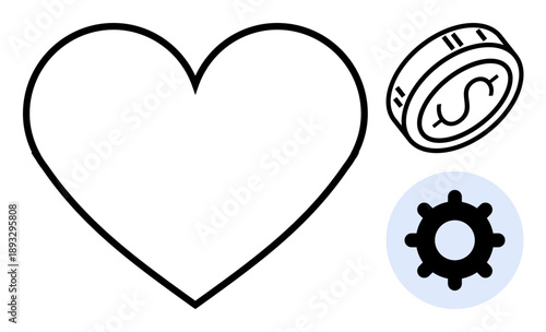 Finance concept. A heart, dollar coin, and gear combine of finance, innovation, and connection. Finance drives progress and enables collaboration. Versatile for business, technology relationships