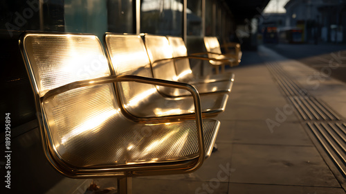 Empty golden chairs resting on a quiet train platform during sunset
