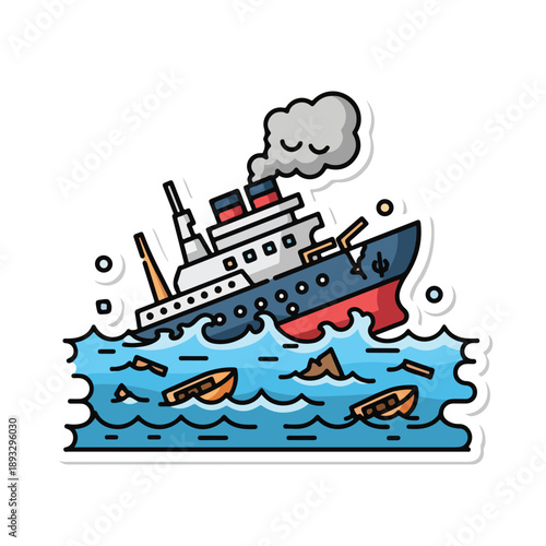 A cartoon ship sinking in the ocean with debris