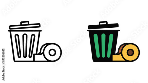 Simple line art trash can icons with tape