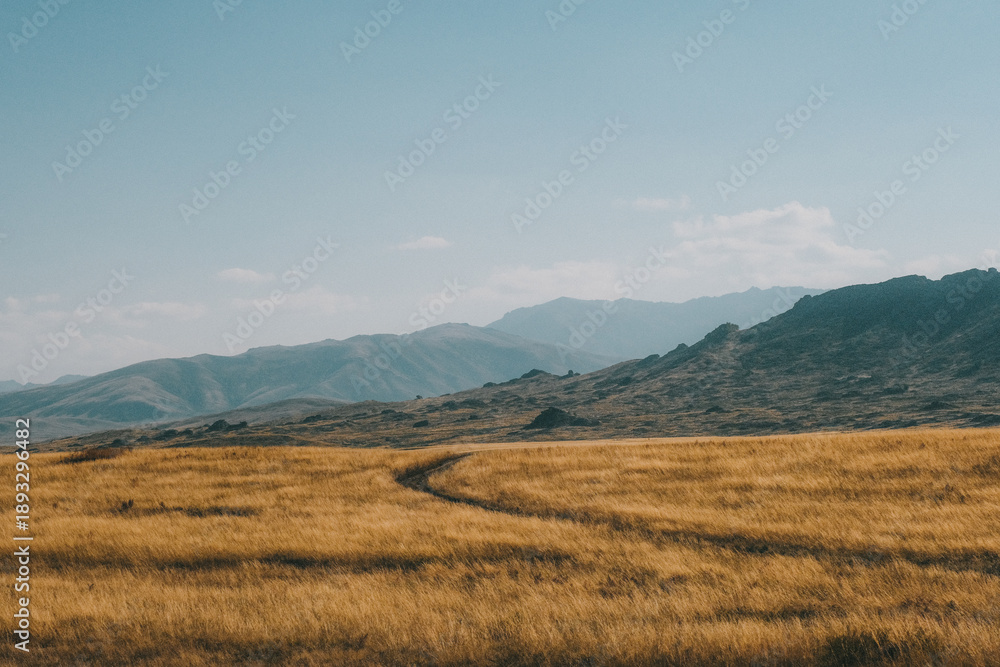 Fototapeta premium Film look landscape of Altay mountains at golden hour. Autumn steppe in East Kazakhstan with tonal perspective. Cinematic retro style, grainy texture, and warm nostalgic nature background.