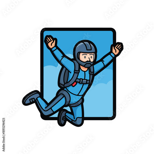 A cartoon skydiver in a blue suit and helmet