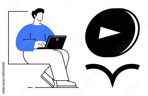Online education, digital media, content creation, technology, remote work, video streaming. Person using a laptop and a symbolic play button. Online education and digital media concept