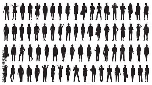 Silhouette of diverse people in various poses and gestures in black on white background for infographic design