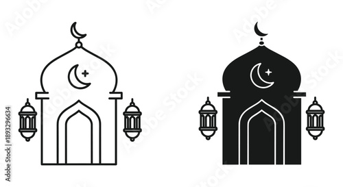 Islamic Mosque Silhouettes with Crescent Moon and Lanterns