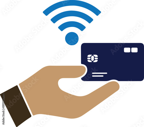 Hand holding credit card with wireless wifi connection signal icons and business technology web network vector illustration symbol design
