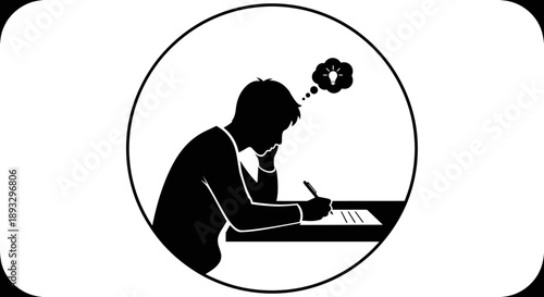 Silhouette of a person thinking while writing at a desk.