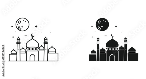 Mosque Silhouette with Moon and Clock