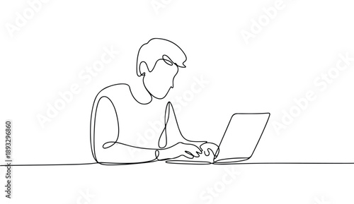 Minimalist Continuous Line Art of Young Freelancer Focused on Laptop Computer Work