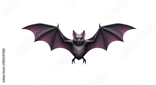 A spooky and menacing vampire bat with glowing red eyes and wide wings spread open on a white background, perfect for Halloween or dark fantasy themes
