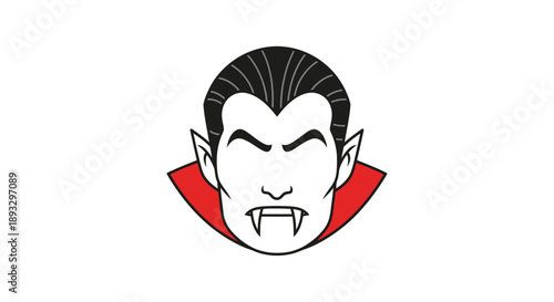 Stylized vector illustration of a fearsome vampire character with sharp fangs and a prominent red collar, perfect for spooky season designs, Halloween events, or gothic-themed projects