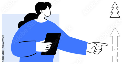 Business strategy, leadership, growth, innovation, sustainability, decision-making. A person holding a tablet pointing to tree and arrow graphics. Growth and leadership concepts
