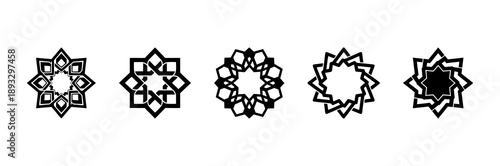 A series of intricate geometric patterns and symbols arranged in a row, showcasing various designs and shapes, vector illustration, simple background, direct view