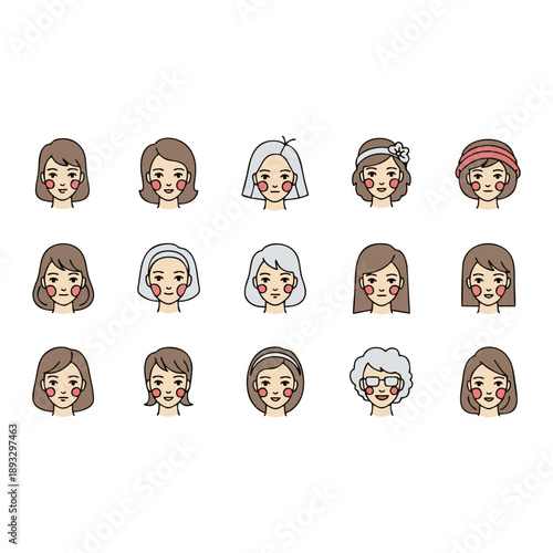 Collection of diverse cartoon female faces with various hairstyles and accessories displayed from a frontal viewpoint