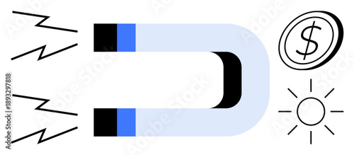 Marketing, wealth creation, energy flow, business strategy, financial growth, attraction. Magnet attracting symbols of energy, money and impact. Marketing and wealth creation concept