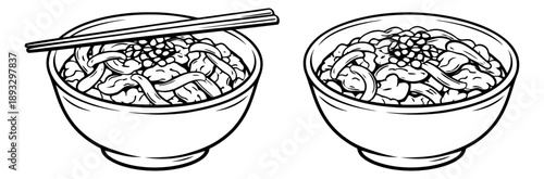 Hand drawn line art noodle bowls set featuring asian noodle dishes for restaurant menus