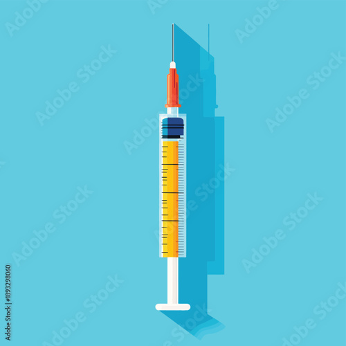 Illustration of a syringe with liquid , vector style simple color