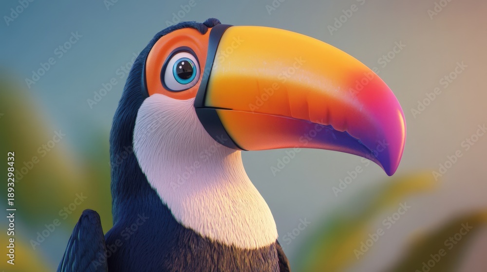 Fototapeta premium Toucans in Paradise: A vibrant toucan, with its large, colorful beak and captivating eye, looks out against the backdrop of paradise.