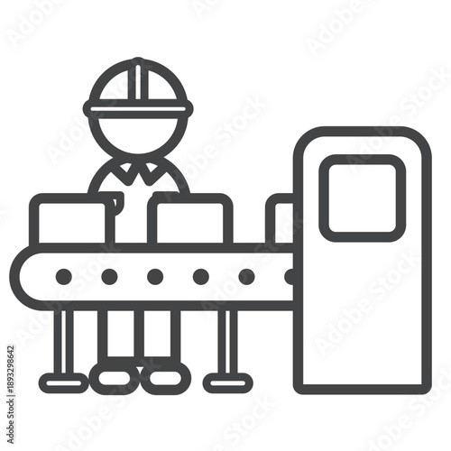 ベルトコンベアと作業員のシンプルでミニマルなアイコン