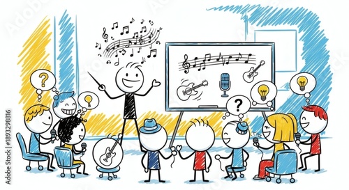 Creative Music Class Engaging Stick Figures Learning Melody and Instruments in a Vibrant Classroom Setting