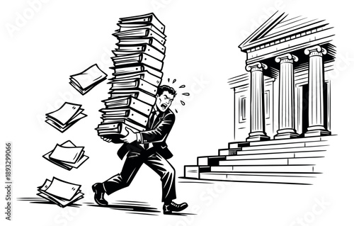 Line art illustration of a stressed businessman depicting struggle with a massive paperwork load for legal or administrative burden
