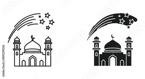 Mosque Silhouette with Crescent Moon and Stars