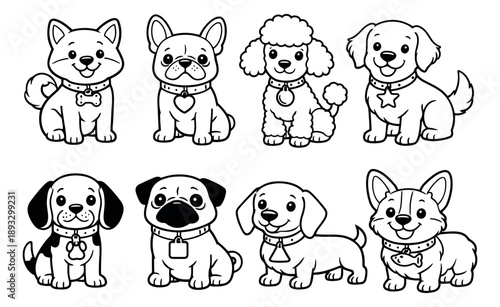 Cute cartoon line art puppy characters set featuring various dog breeds for children's designs and pet-related themes