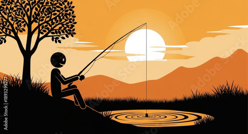 Silhouette of a person fishing at sunset by a tree.
