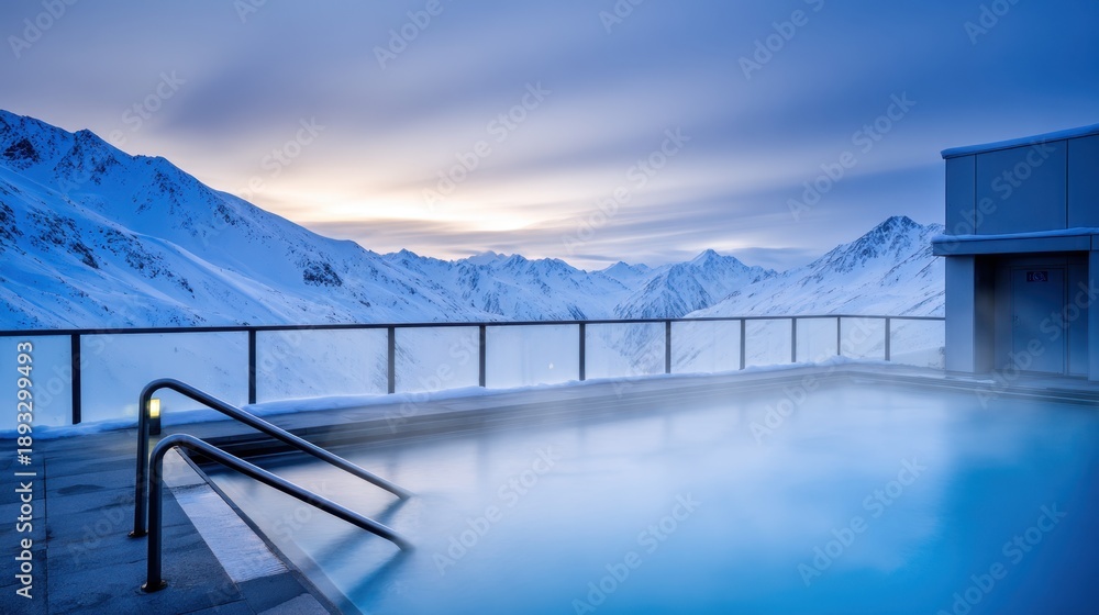 Fototapeta premium A serene outdoor spa pool on a balcony overlooks snow-capped mountains under a pale sunset as mist rises,calm