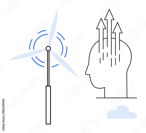 Innovation concept. Innovation ed by a wind turbine and arrows emerging from a head silhouette. Innovation driving energy solutions. For technology, sustainability, creativity, progress, renewable