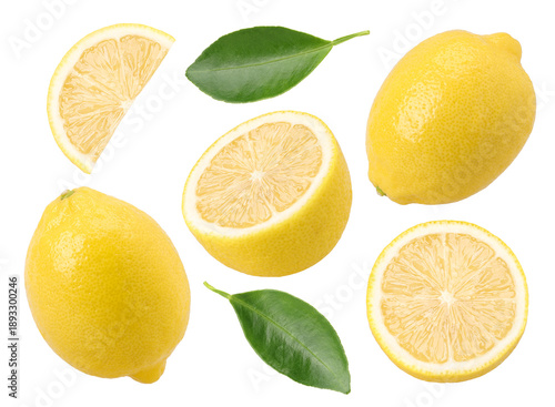 lemon fruit with leaves, slice and half isolated, Fresh and Juicy Lemon, transparent png, PNG format