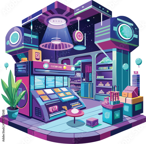 Futuristic cyberpunk gaming room illustration with neon arcade machines, digital screens, sci fi interior, vibrant isometric artwork perfect for gaming, technology, esports and concept art.