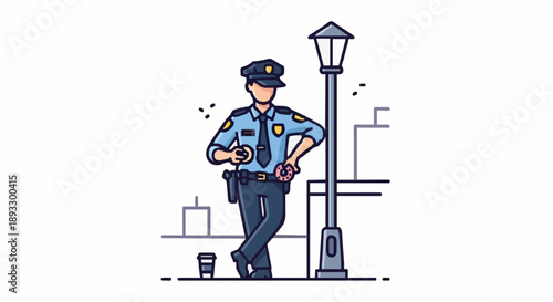 Police Officer Standing Next to Street Lamp Illustration.