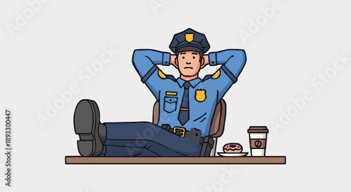 Police officer relaxing at desk with coffee and donut.