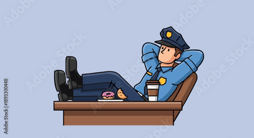 Police officer relaxing at desk with coffee and donut.