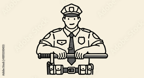Police Officer Standing Ready with Baton.
