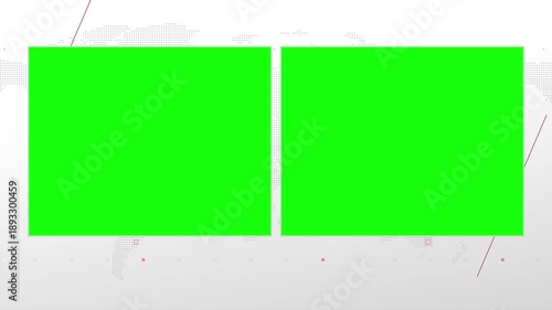 Two box split screen for news, interviews, live broadcast, tv shows, live streaming. Green chroma key cut, 4K loopable world map background with red elements, simplicity and minimalism design.