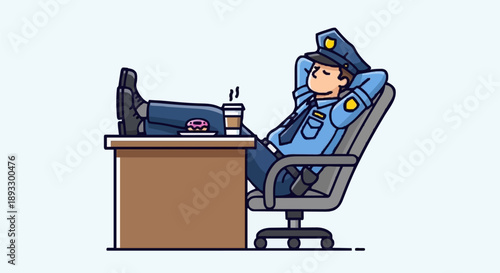 Police officer relaxing at desk with feet up and coffee.