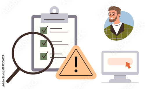 Business planning, risk management, auditing, task organization, software priority management, and decision-making. Clipboard with checklist, warning sign, magnifying glass and business professional