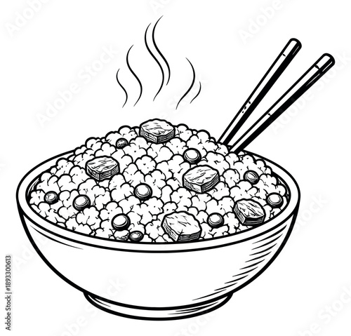 Hand drawn line art illustration of steaming fried rice with chopsticks for Asian restaurant menus