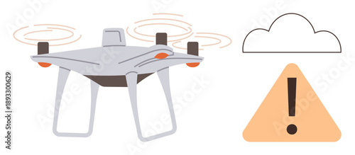 Aviation safety, weather monitoring, quadcopter technology, remote operations, flight hazards, risk communication. A Quadcopter beside a warning triangle and a cloud icon. Aviation safety and weather