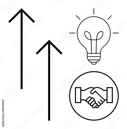 Business growth concept. Growth with arrows, innovation by a light bulb, and collaboration ed by a handshake. Perfect for teamwork, strategy, entrepreneurship, partnerships, and success planning