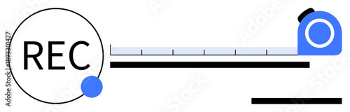 Measurement tools, accuracy checking, data recording, construction planning, design assessments, productivity evaluation. Circular REC icon and tape measure graphic. Measurement tools, accuracy