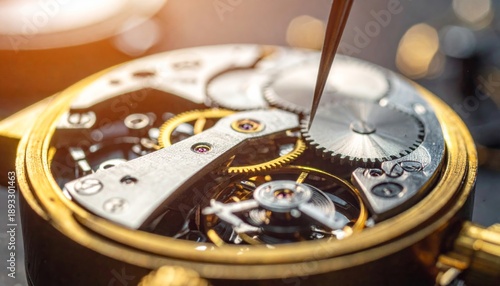 Intricate mechanical watch movement being repaired or assembled.