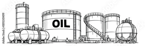 Hand drawn line art industrial oil storage facility set featuring various fuel tanks and piping systems for energy and petroleum industry