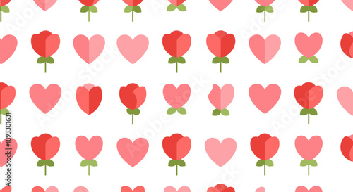 A pattern of red and pink hearts and roses on a white background.
