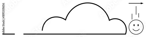 Cloud concept. Black line art of a cloud shape, a smiling face, and arrows indicating motion or measurement. Cloud concept denotes simplicity, connectivity, motion, and clarity. Useful