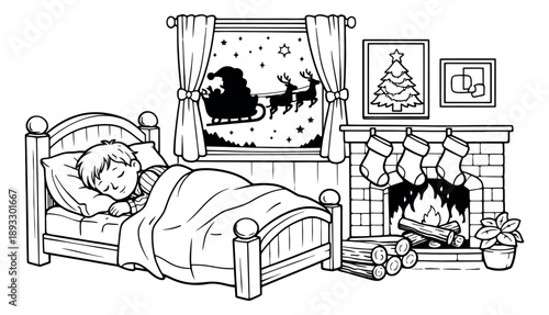 Hand drawn line art illustration of a boy sleeping depicting Santa Claus and reindeer for Christmas eve
