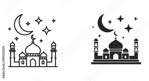 Islamic Mosque Silhouettes with Moon and Stars